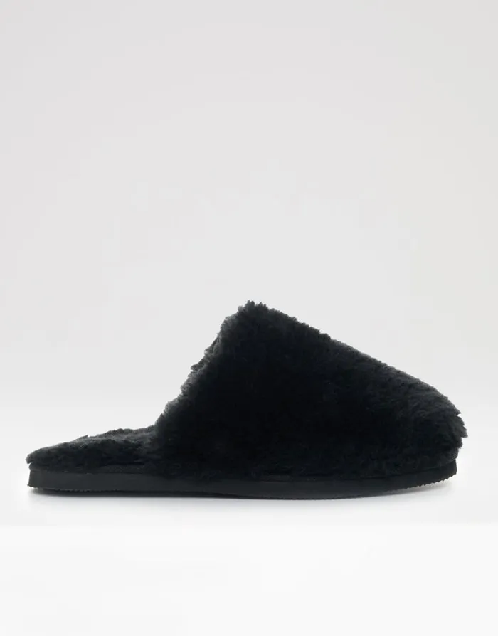 Women Black Faux Fur Mule Slippers Threadbare Slippers