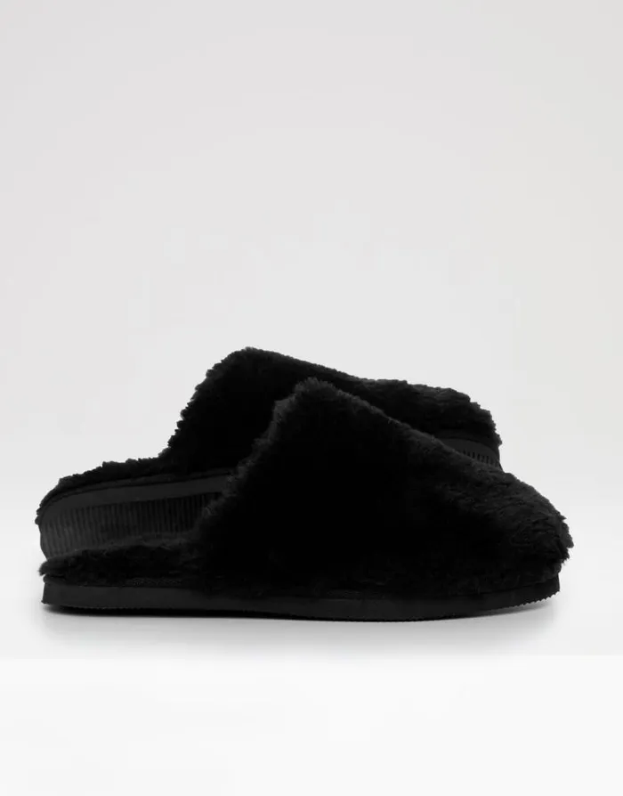 Women Black Faux Fur Mule Slippers Threadbare Slippers Women Black Faux Fur Mule Slippers Threadbare Slippers