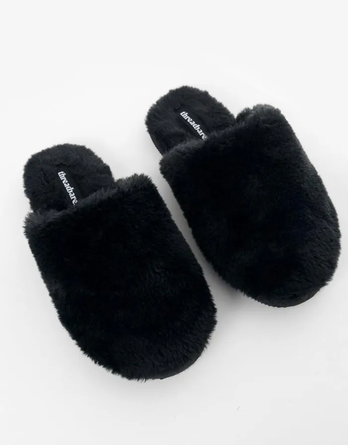 Women Black Faux Fur Mule Slippers Threadbare Slippers Women Black Faux Fur Mule Slippers Threadbare Slippers