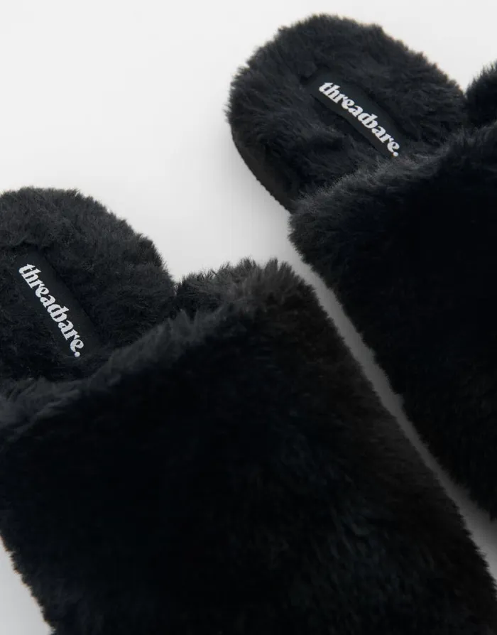 Women Black Faux Fur Mule Slippers Threadbare Slippers Women Black Faux Fur Mule Slippers Threadbare Slippers