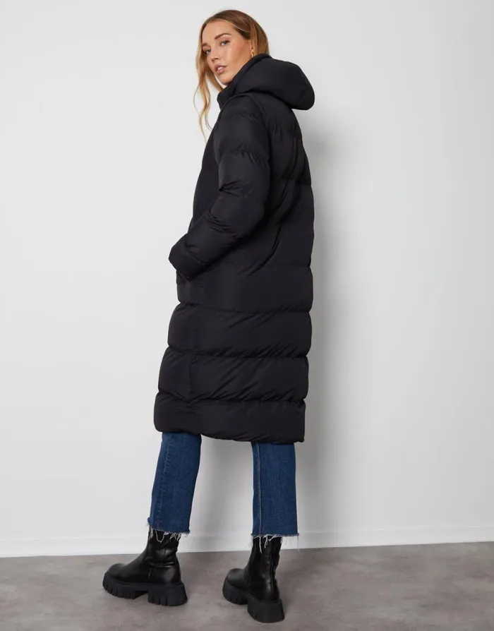 Women Black Padded Longline 2in1 Puffer Jacket With Detachable Sleeves Threadbare Jackets
