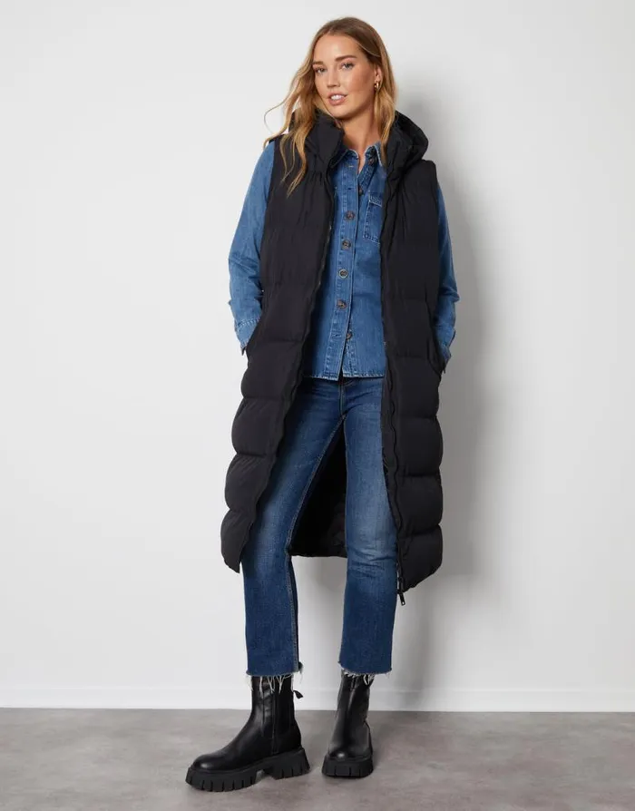 Women Black Padded Longline 2in1 Puffer Jacket With Detachable Sleeves Threadbare Jackets