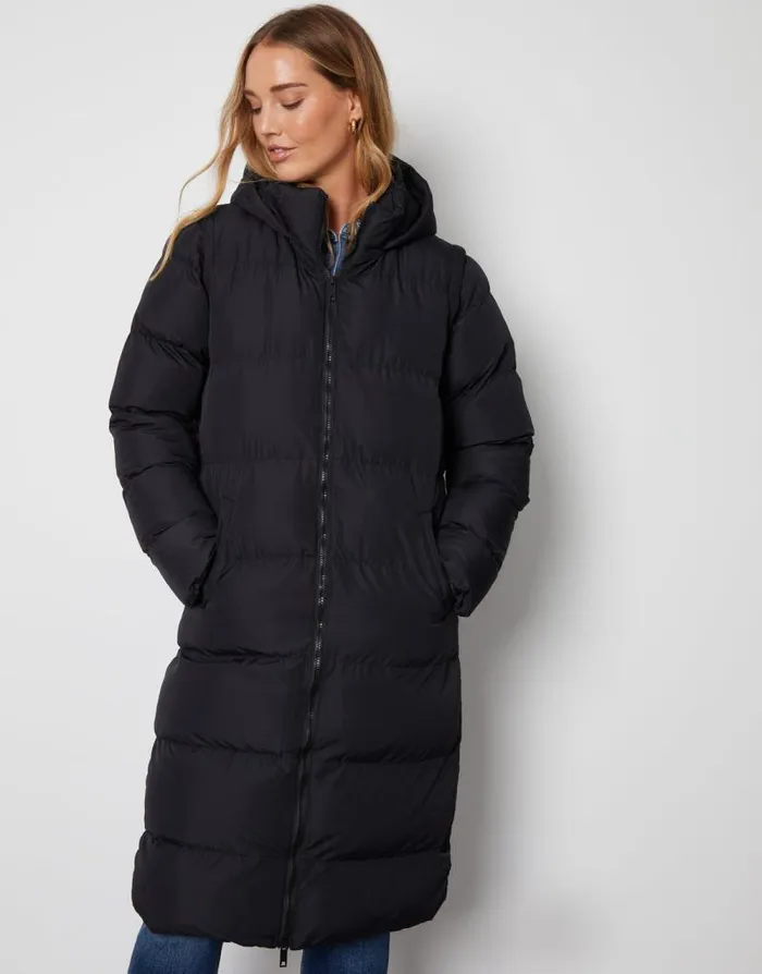 Women Black Padded Longline 2in1 Puffer Jacket With Detachable Sleeves Threadbare Jackets