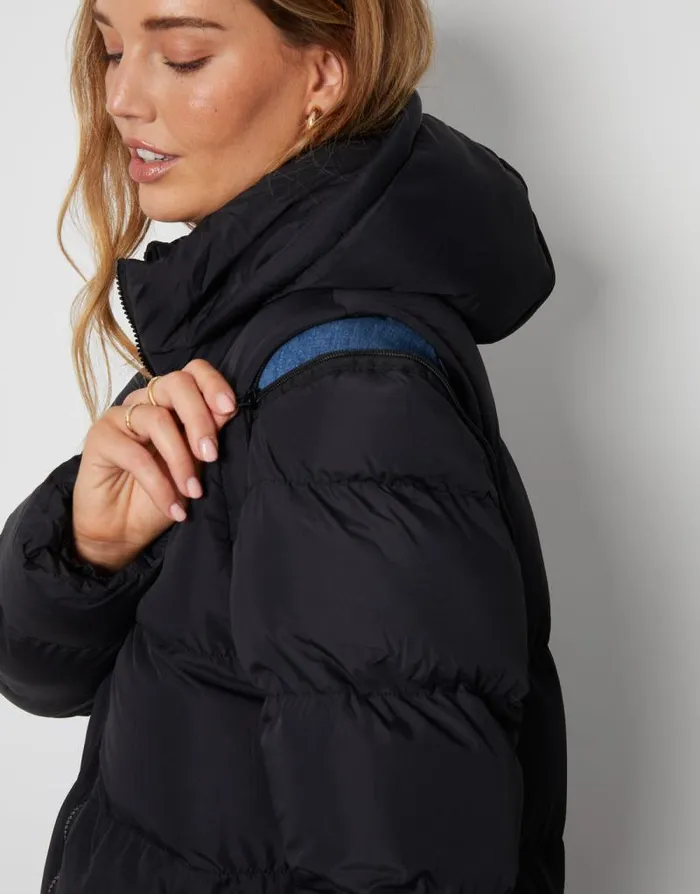 Women Black Padded Longline 2in1 Puffer Jacket With Detachable Sleeves Threadbare Jackets