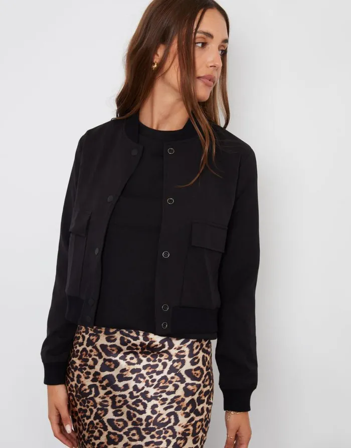 Women Black Patch Pocket Bomber Jacket Threadbare Jackets