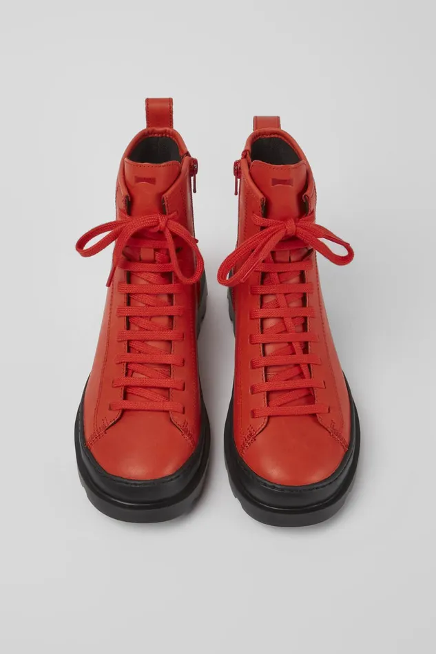 Women Brutus Red Leather Laceup Boots Camper Ankle Boots
