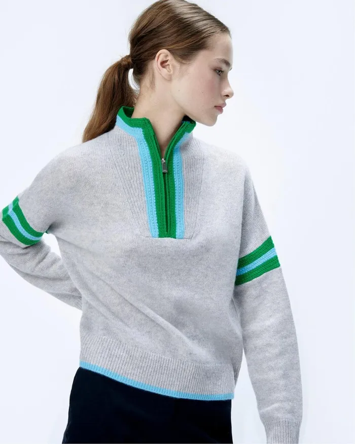 Women Cashmere Sweaters From Future Ribbed Quarter Zip Neck Sweater Light Heather Gray