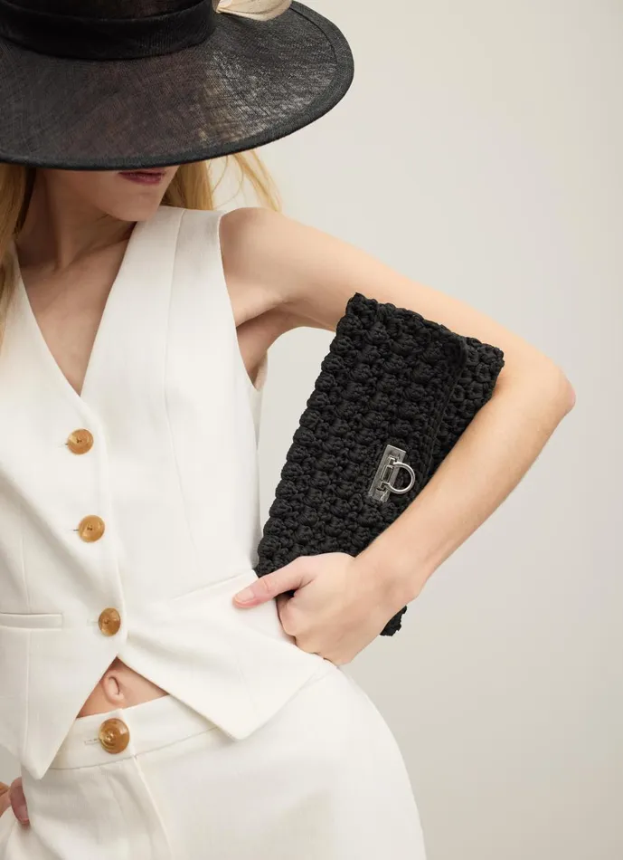 Women Clutch Bags LKBennett Essie Black Woven Fabric Clutch