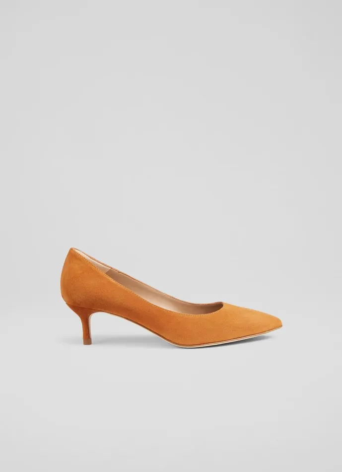 Women Court Shoes LKBennett Audrey Orange Suede Kitten Heel Courts Coral