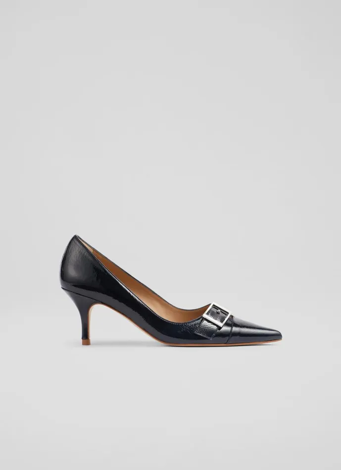 Women Court Shoes LKBennett Billie Navy Crinkle Patent BuckleDetail Courts Midnight