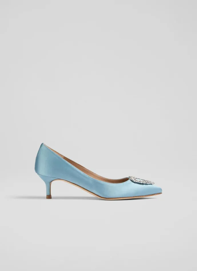 Women Court Shoes LKBennett Ella Pale Blue Satin Heart Brooch Courts Light Blue