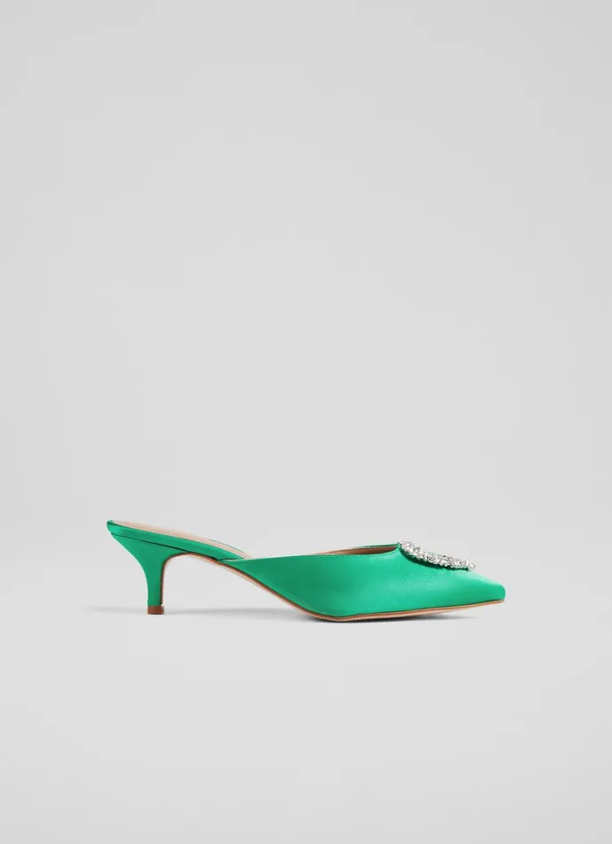 Women Court Shoes LKBennett Estella Green Satin Heart Brooch Mules Green