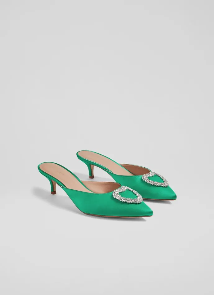 Women Court Shoes LKBennett Estella Green Satin Heart Brooch Mules Green Women Court Shoes LKBennett Estella Green Satin Heart Brooch Mules Green