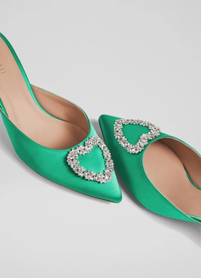 Women Court Shoes LKBennett Estella Green Satin Heart Brooch Mules Green Women Court Shoes LKBennett Estella Green Satin Heart Brooch Mules Green