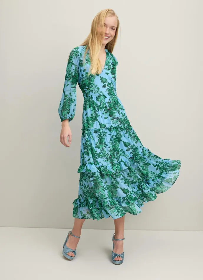Women Dresses LKBennett Eleanor Neon Garden Print Recycled Polyester Tiered Dress Green Blue