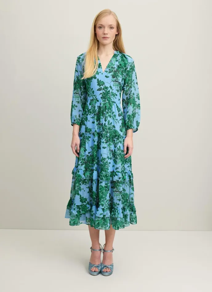 Women Dresses LKBennett Eleanor Neon Garden Print Recycled Polyester Tiered Dress Green Blue Women Dresses LKBennett Eleanor Neon Garden Print Recycled Polyester Tiered Dress Green Blue