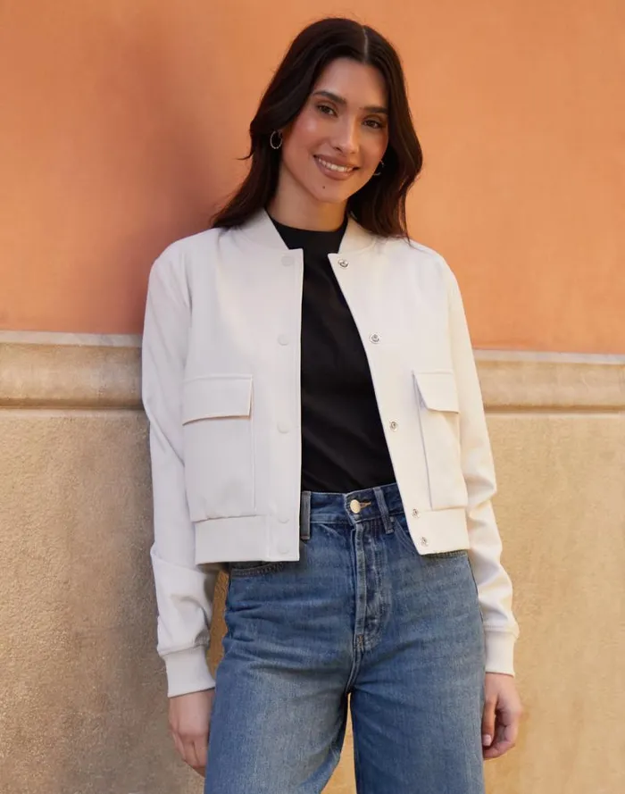 Women Ecru Patch Pocket Bomber Jacket Threadbare Jackets