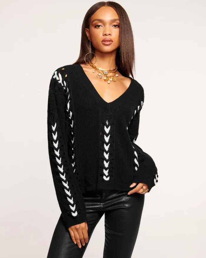 Women Esme VNeck Embellished Sweater Black Ramy Brook Tops
