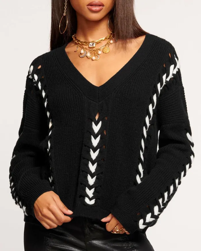 Women Esme VNeck Embellished Sweater Black Ramy Brook Tops