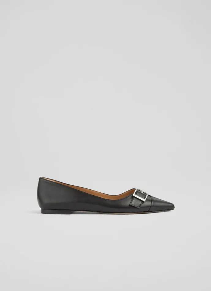 Women Flats LKBennett Brynn Black Leather BuckleDetail Flats Black