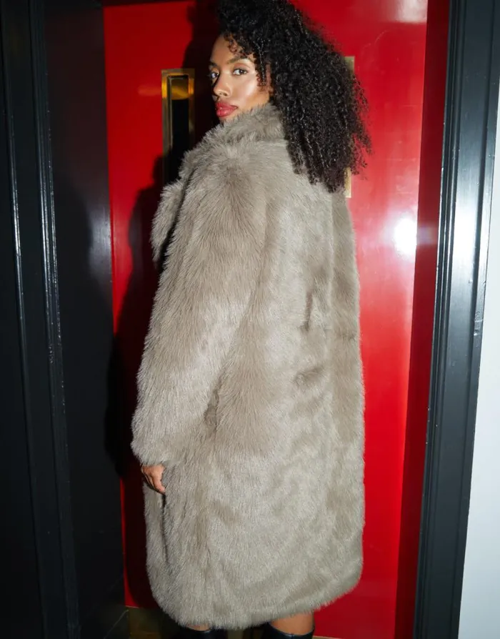Women Grey Longline Faux Fur Coat Threadbare Coats