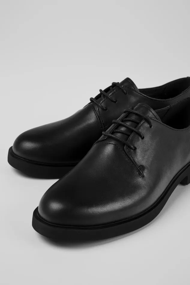 Women Iman Black Leather Shoes Camper Flat Shoes