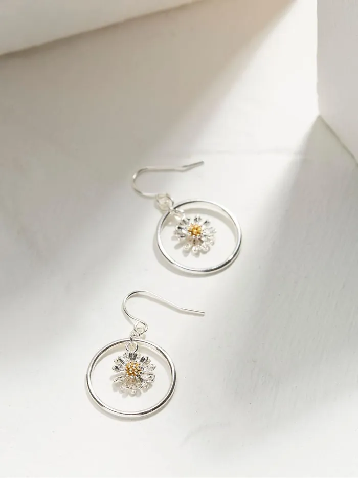 Women Jewellery Fat Face Daisy Silver Tone Drop Earrings