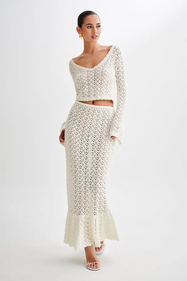 Women Meshki Bottoms Anais Frill Knit Midi Skirt 8211 Ivory