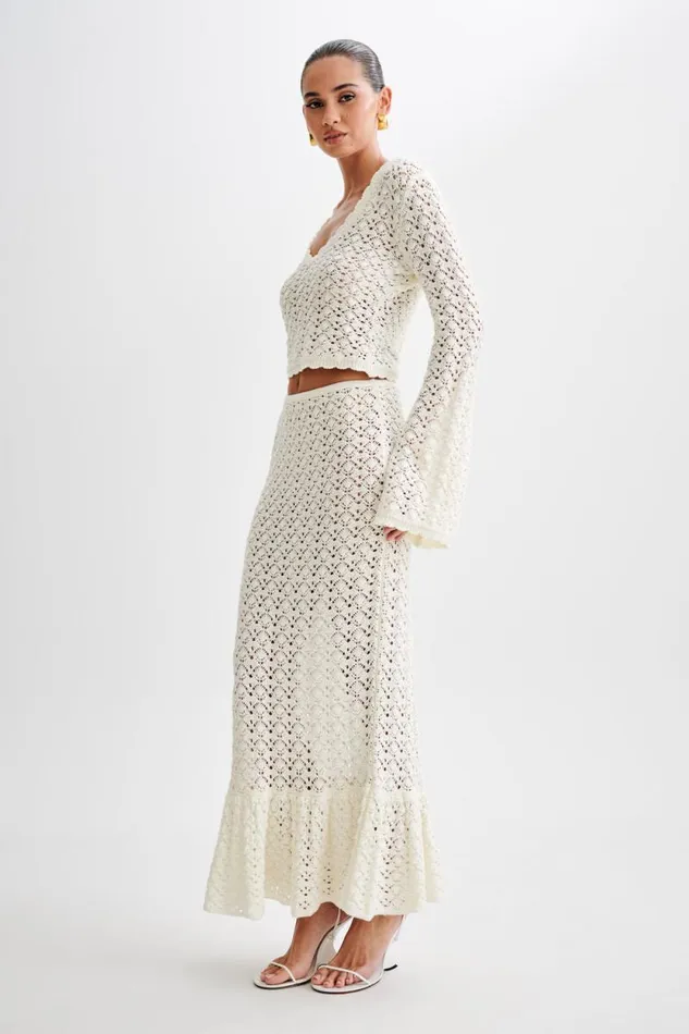 Women Meshki Bottoms Anais Frill Knit Midi Skirt 8211 Ivory