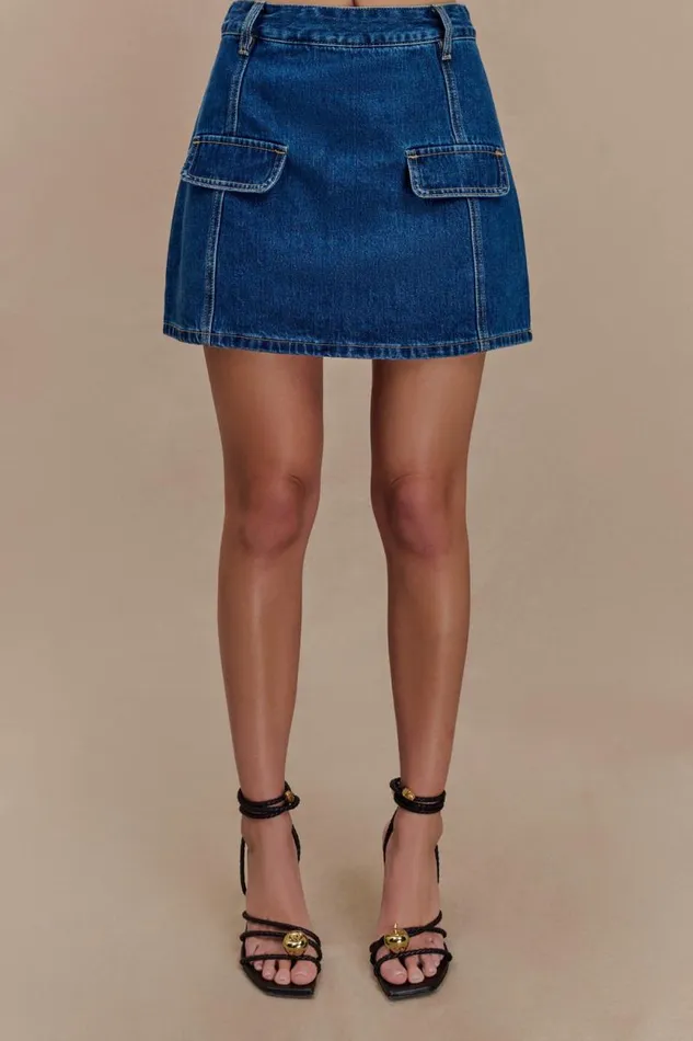 Women Meshki Bottoms Rosalyn Mini Denim Skort 8211 Dark Blue