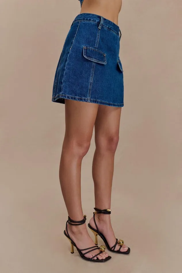 Women Meshki Bottoms Rosalyn Mini Denim Skort 8211 Dark Blue