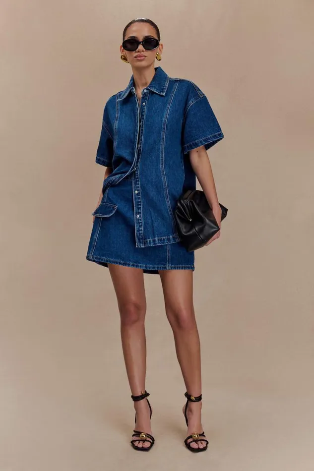 Women Meshki Bottoms Rosalyn Mini Denim Skort 8211 Dark Blue