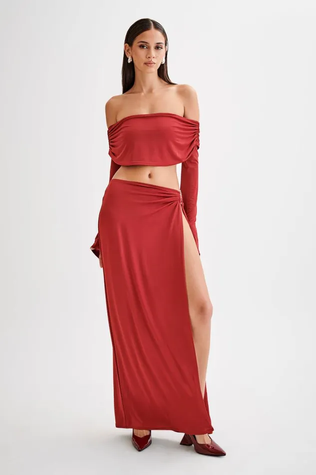 Women Meshki Bottoms Suri Slinky Maxi Skirt With Silver Hardware 8211 Cherry Red