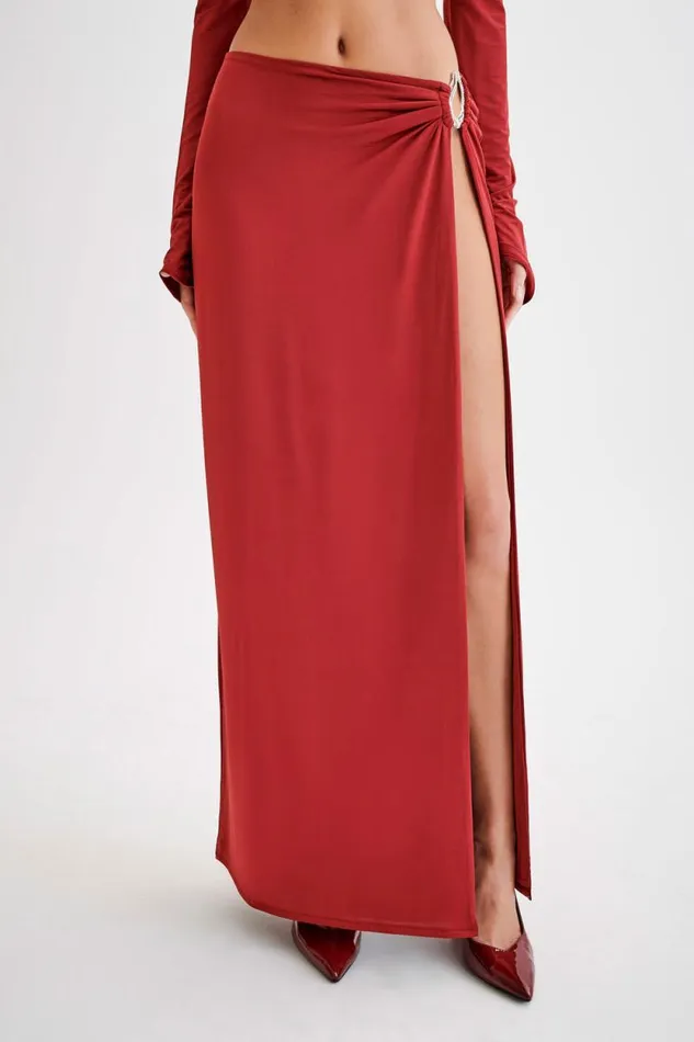 Women Meshki Bottoms Suri Slinky Maxi Skirt With Silver Hardware 8211 Cherry Red