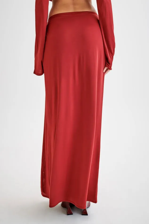 Women Meshki Bottoms Suri Slinky Maxi Skirt With Silver Hardware 8211 Cherry Red