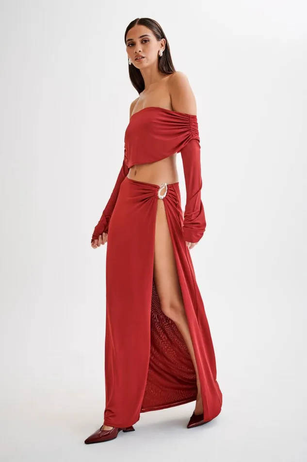 Women Meshki Bottoms Suri Slinky Maxi Skirt With Silver Hardware 8211 Cherry Red