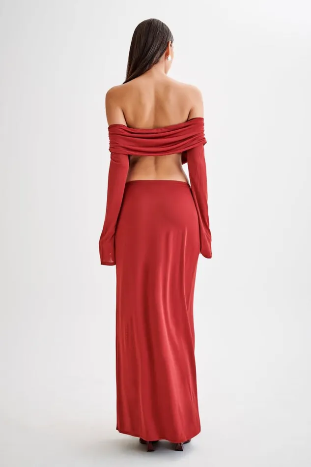 Women Meshki Bottoms Suri Slinky Maxi Skirt With Silver Hardware 8211 Cherry Red