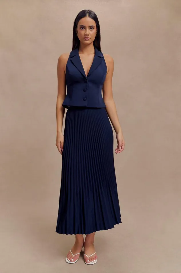 Women Meshki Bottoms Twyla Pleated Suiting Maxi Skirt 8211 Navy