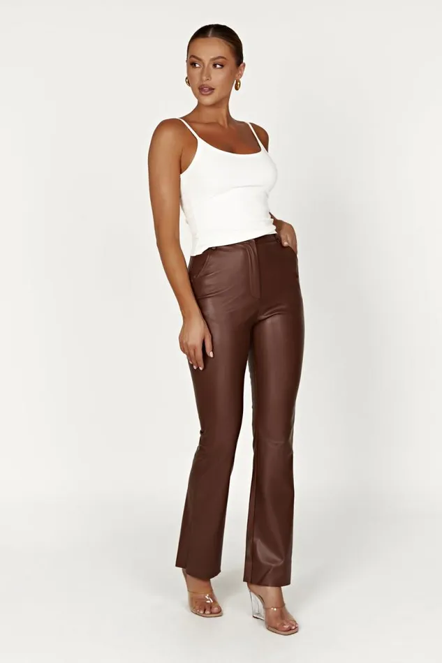 Women Meshki Bottoms Tyra Straight Leg Faux Leather Pants 8211 Chocolate
