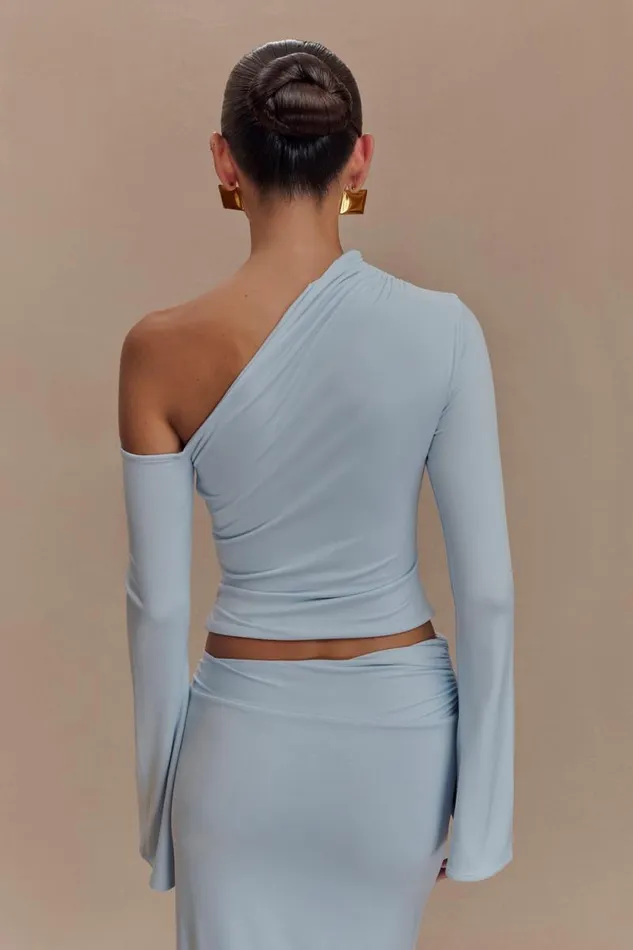 Women Meshki Dresses Ainsley Asymmetrical Long Sleeve Top With Floral Hardware 8211 Pale Blue