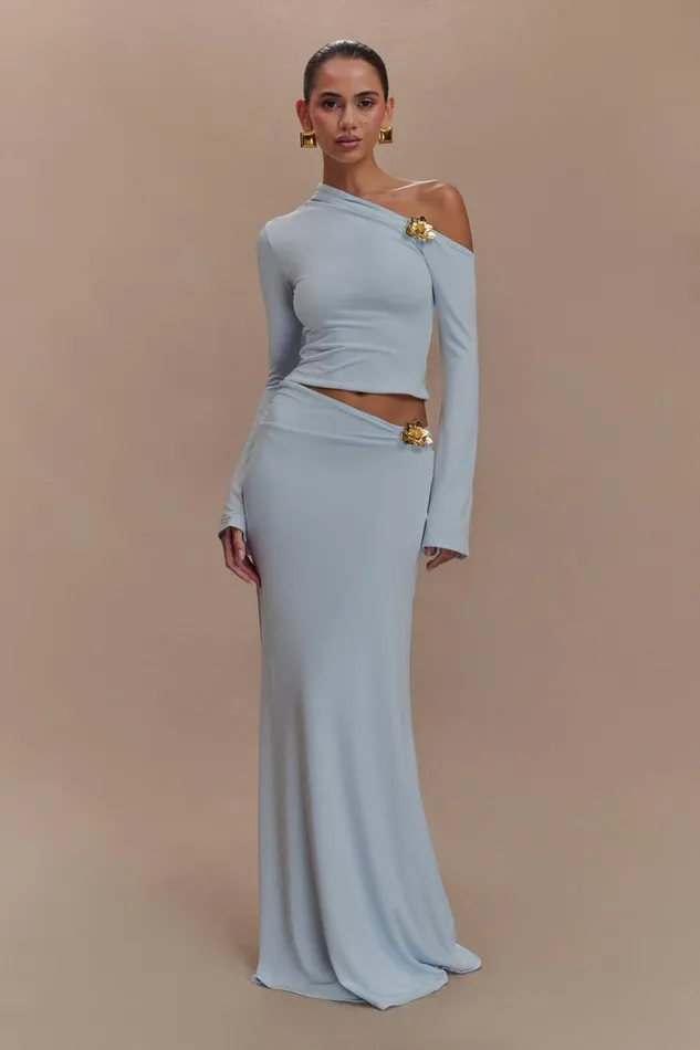 Women Meshki Dresses Ainsley Asymmetrical Long Sleeve Top With Floral Hardware 8211 Pale Blue
