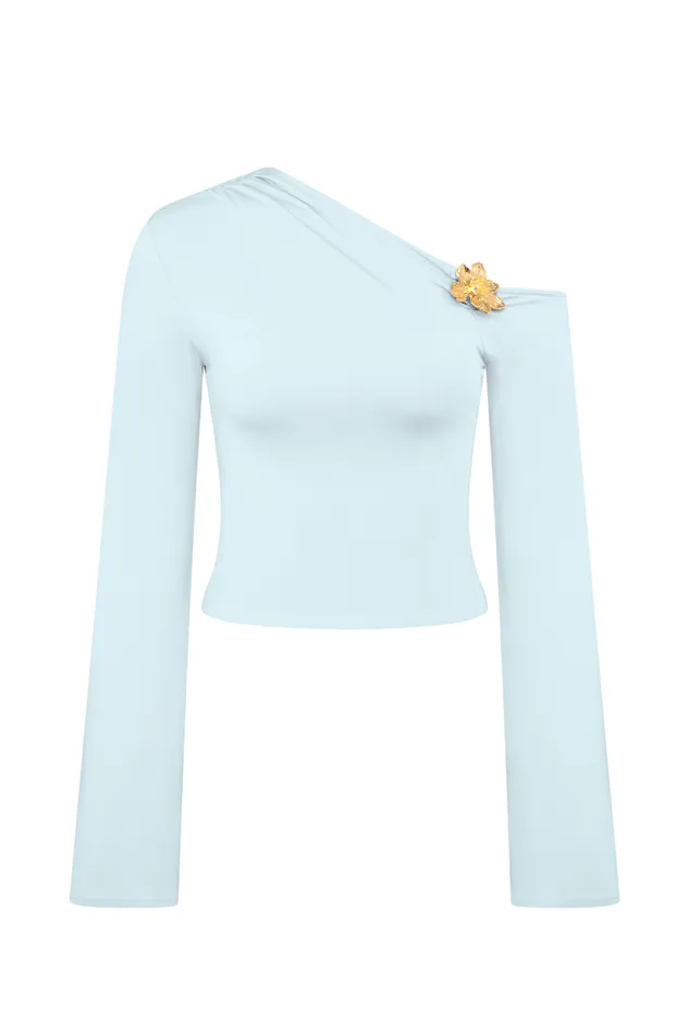 Women Meshki Dresses Ainsley Asymmetrical Long Sleeve Top With Floral Hardware 8211 Pale Blue
