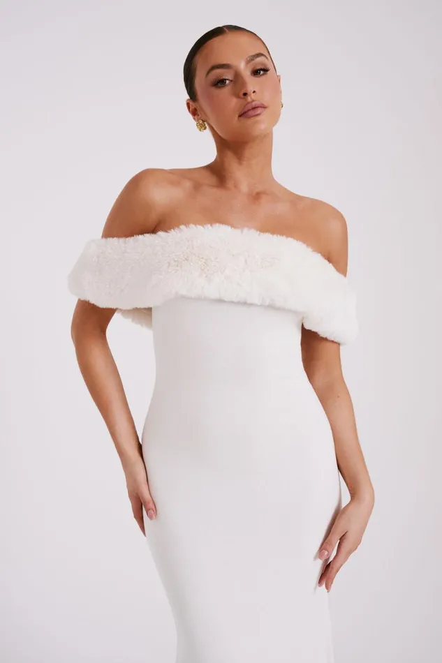 Women Meshki Dresses Angelica Off Shoulder Knit Midi Dress With Faux Fur 8211 Ivory