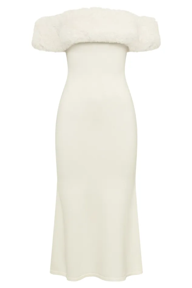 Women Meshki Dresses Angelica Off Shoulder Knit Midi Dress With Faux Fur 8211 Ivory