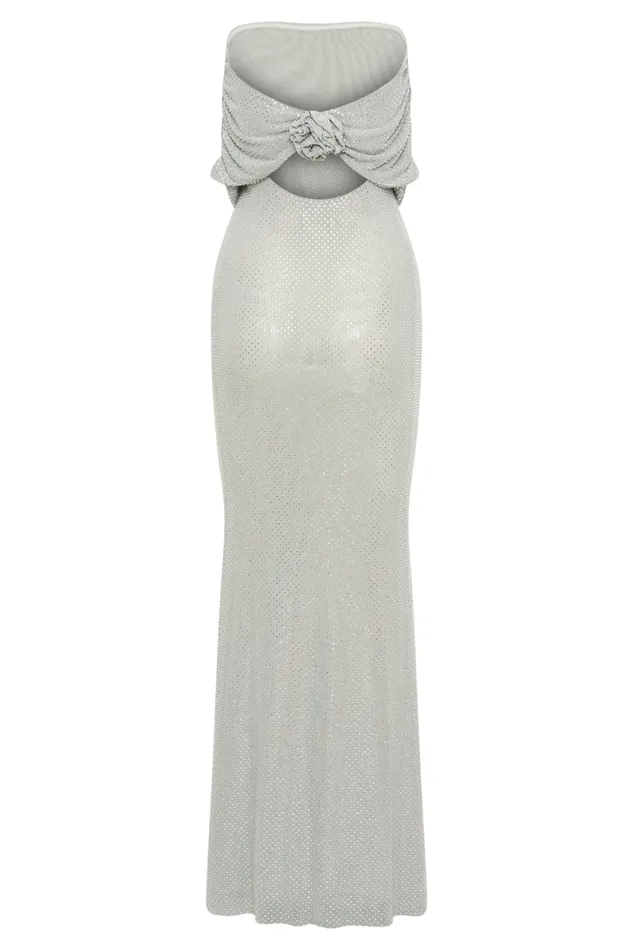 Women Meshki Dresses Arna Off Shoulder Diamante Maxi Dress 8211 Silver