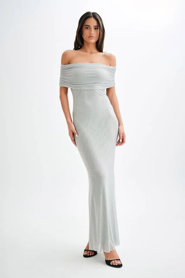 Women Meshki Dresses Arna Off Shoulder Diamante Maxi Dress 8211 Silver