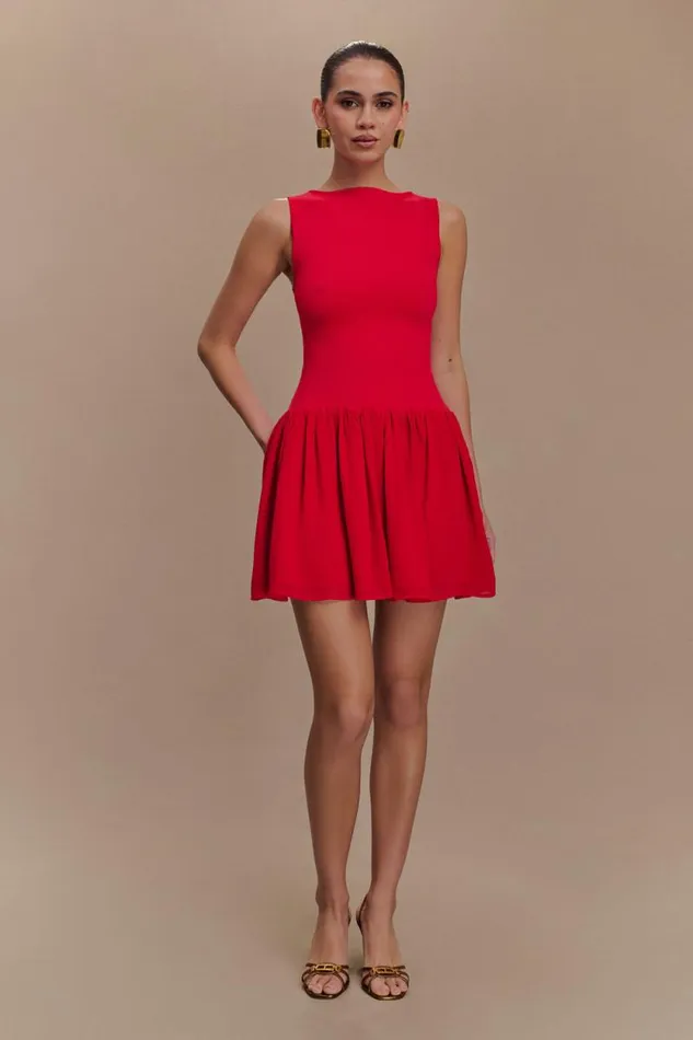 Women Meshki Dresses Ashleigh Knit And Chiffon Mini Dress 8211 Red