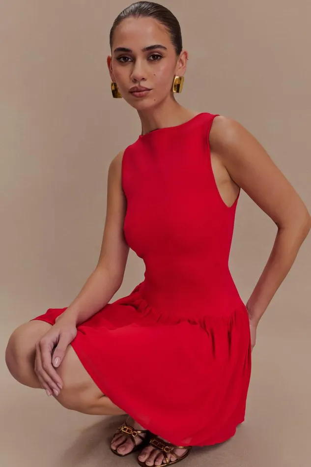 Women Meshki Dresses Ashleigh Knit And Chiffon Mini Dress 8211 Red