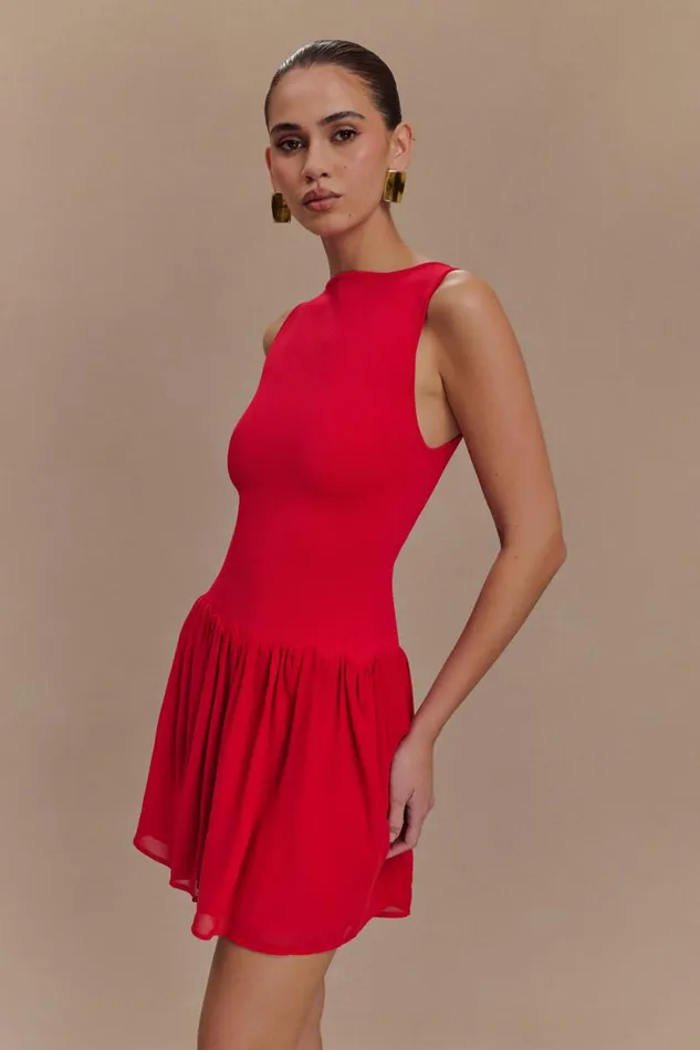 Women Meshki Dresses Ashleigh Knit And Chiffon Mini Dress 8211 Red
