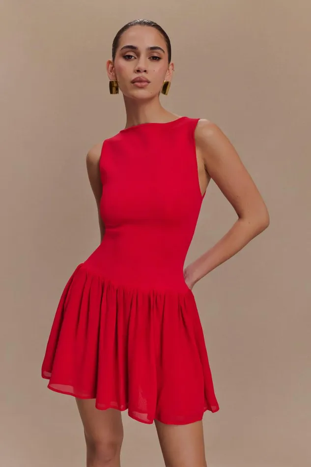 Women Meshki Dresses Ashleigh Knit And Chiffon Mini Dress 8211 Red